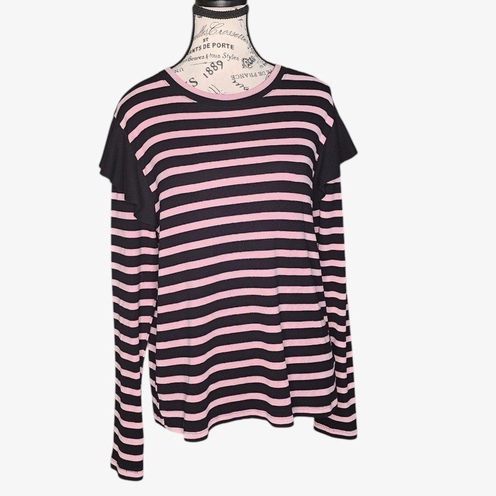 Who What Wear Black Pink Striped Asymmetrical One Sleeve Ruffle Top XXL